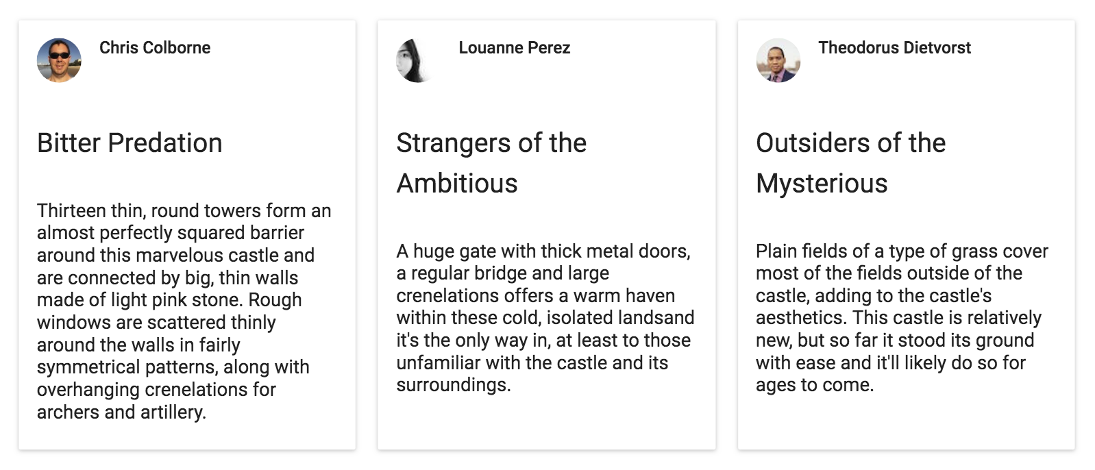 The final result is three Material Design cards with an author, title and content