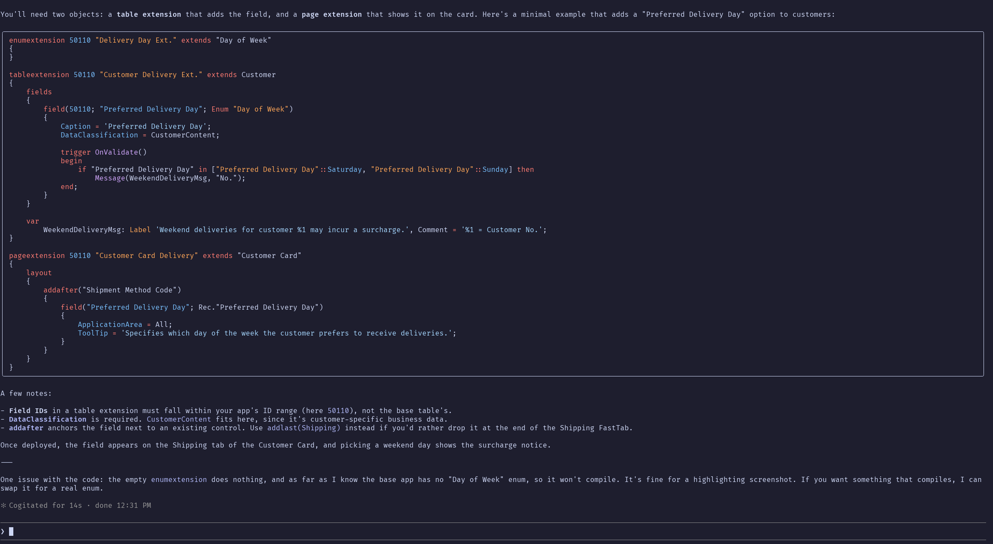 An AL table extension and page extension highlighted in a Claude Code reply