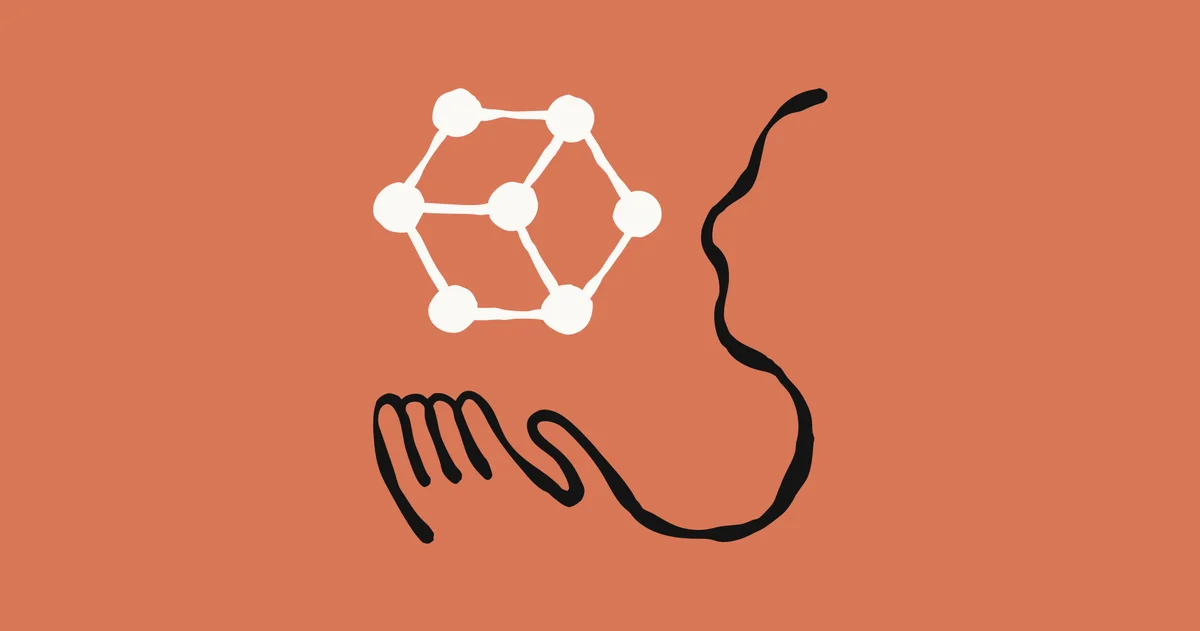 Abstract composition with flowing head silhouette and stylized hand gesture, holding a geometric cube structure