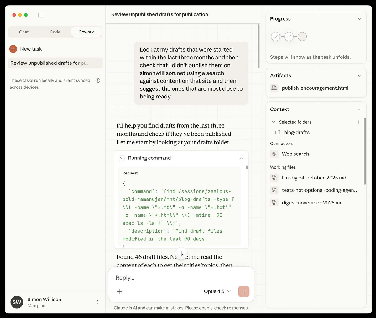 Screenshot of Claude AI desktop application showing a "Cowork" task interface. Left sidebar shows tabs for "Chat", "Code", and "Cowork" (selected),...