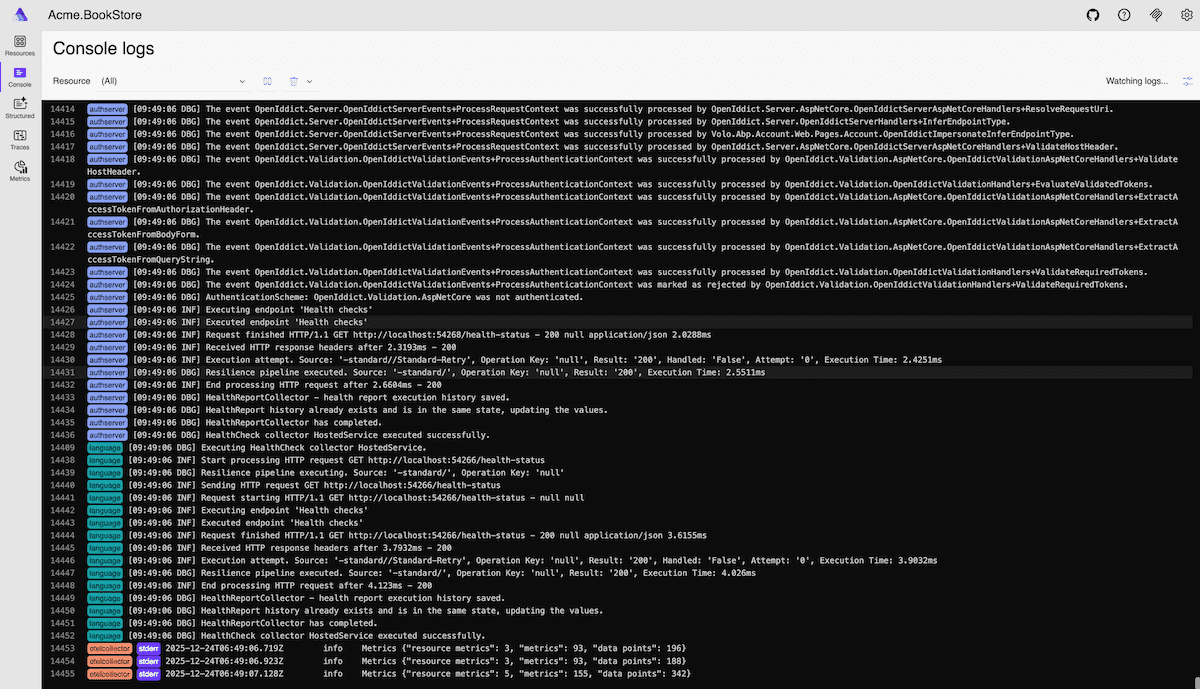 Aspire Dashboard Console