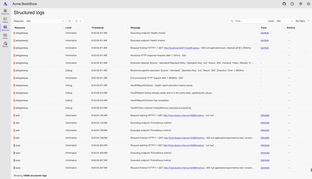Aspire Dashboard Structured Logs