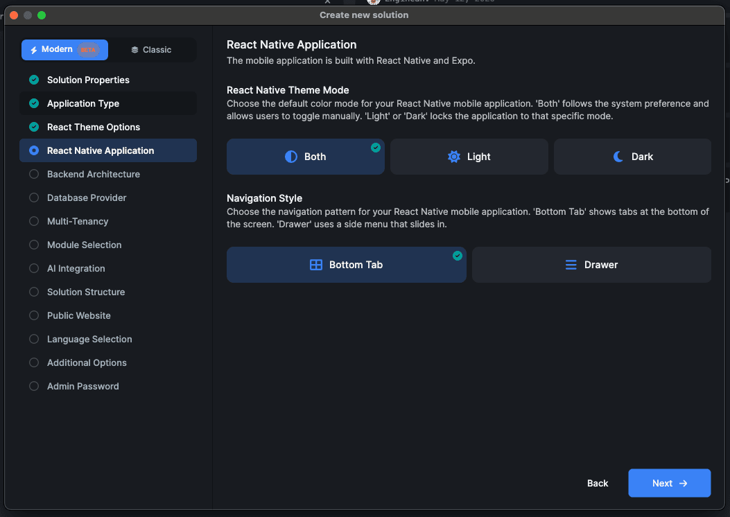 Selecting React Native as the mobile platform in ABP Studio
