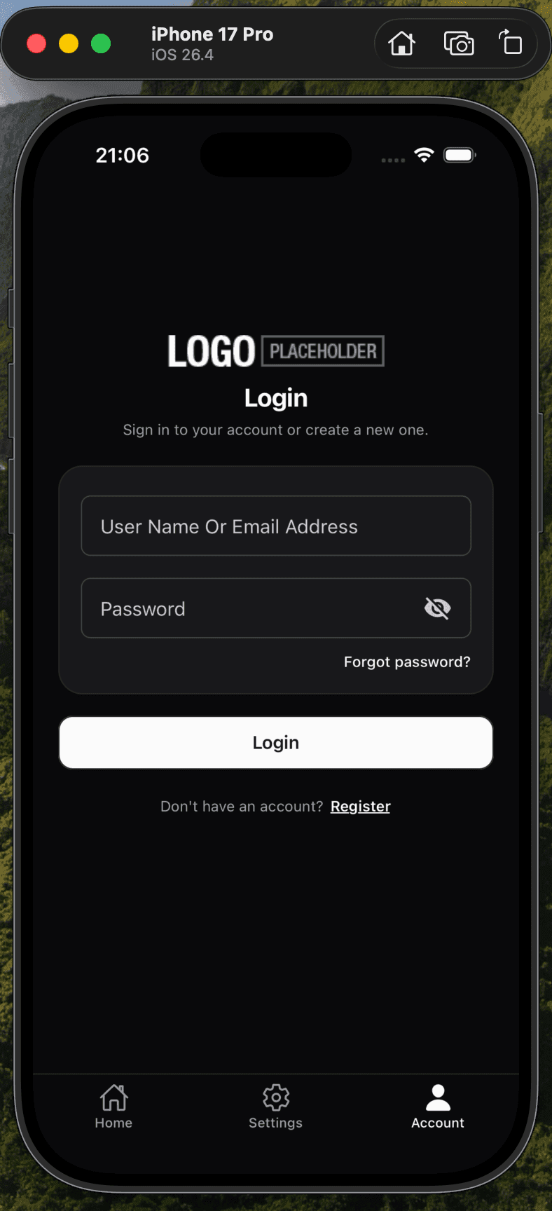 LoginScreen — dark mode