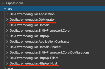 A screenshot showing DevExtremeAngular.DbMigrator and DevExtremeAngular.HttpApi.Host