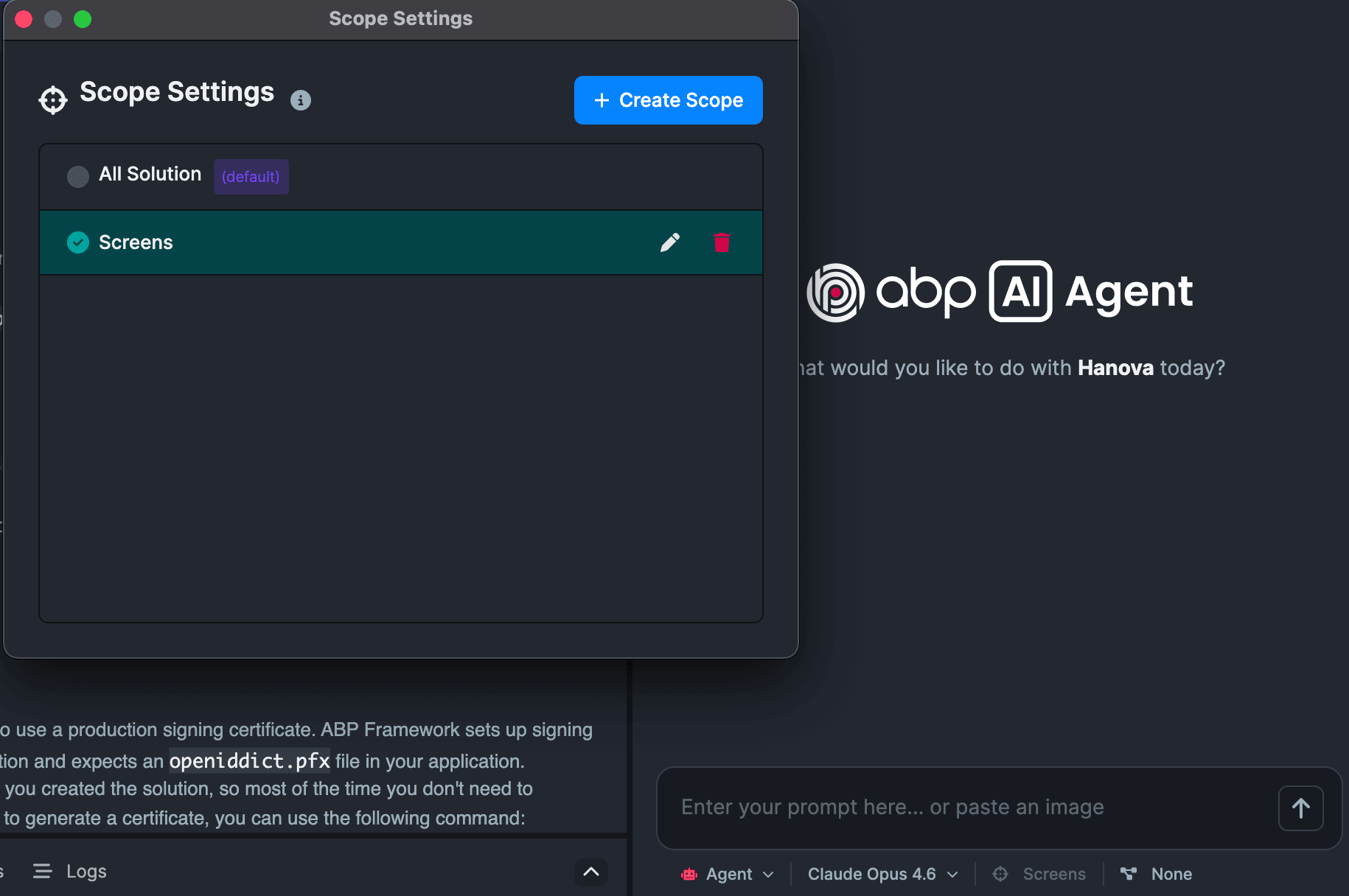 ABP AI Agent — Scope Settings with Screens scope selected for Hanova
