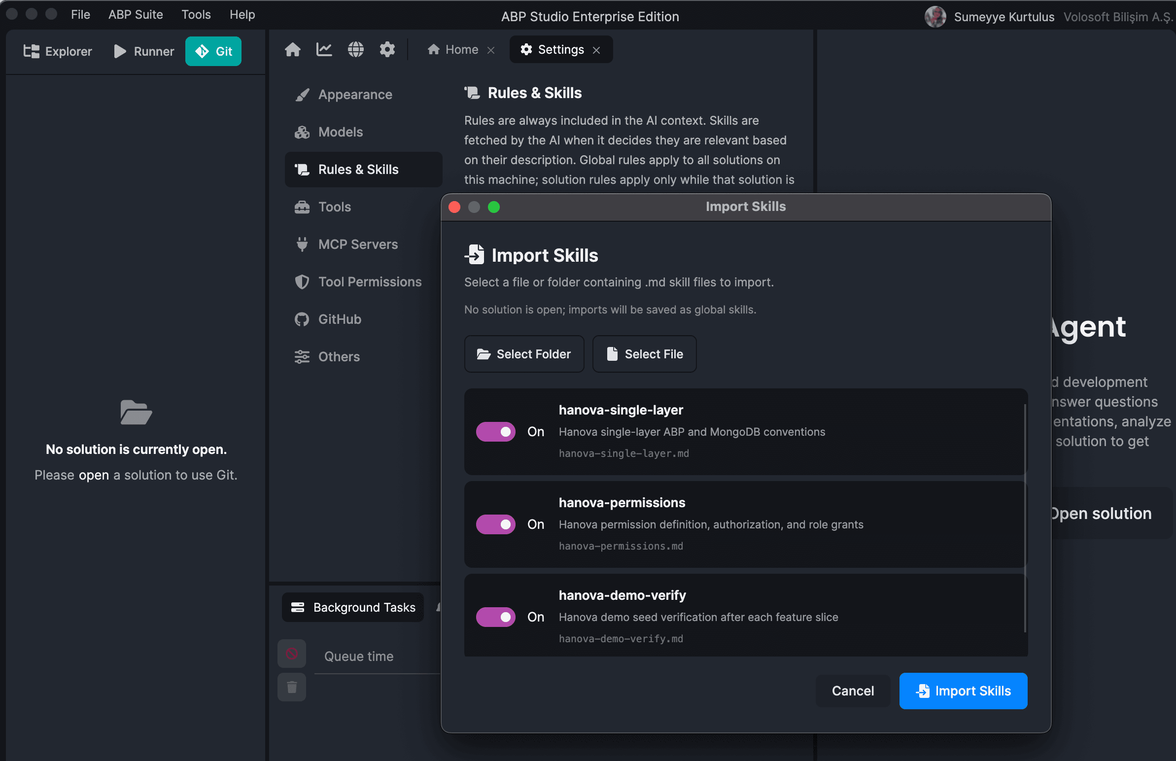 ABP Studio — Import Skills dialog for Hanova conventions