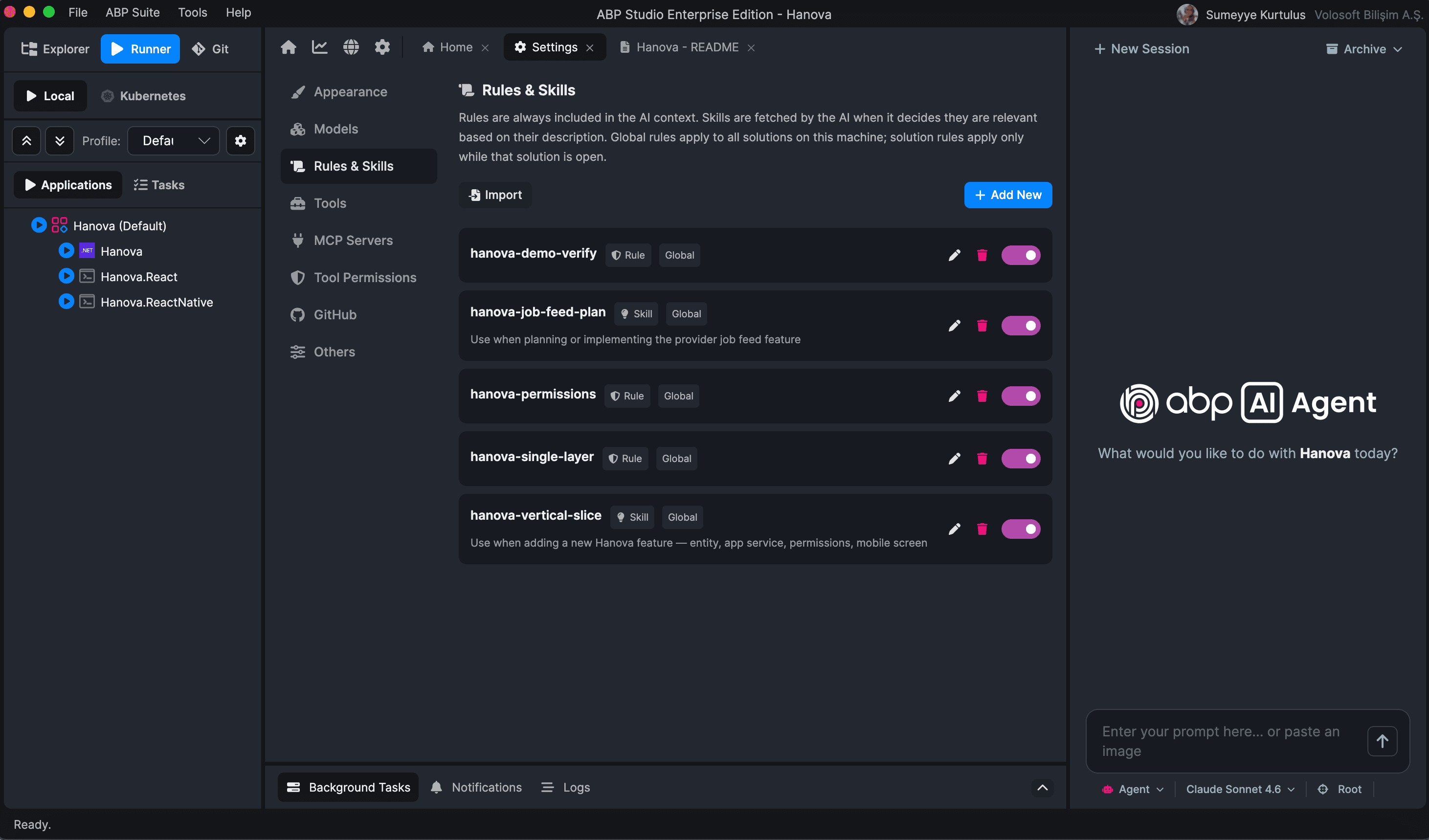 ABP Studio — Rules & Skills configured for Hanova