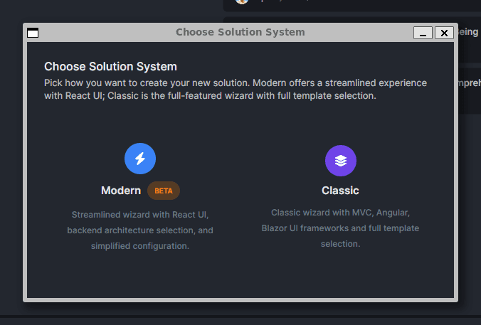 ABP Studio solution system selection