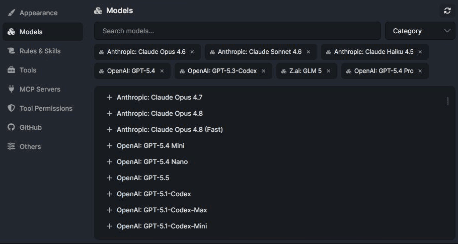 ABP Studio Models settings showing the selectable model catalog