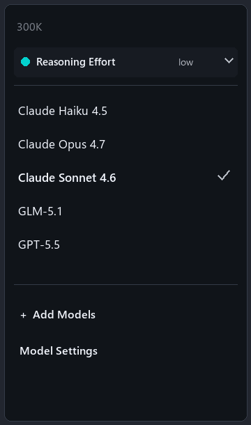 ABP Agent model selector showing the current conversation model