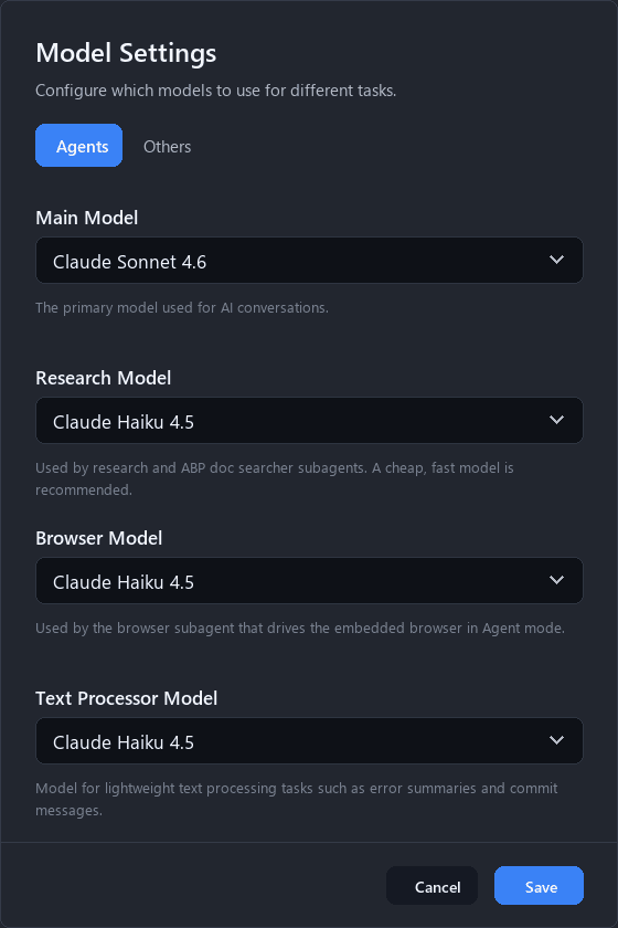 ABP Agent model settings for main, research, browser, and text processor models