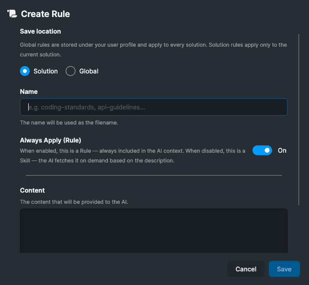 Creating a rule or a skill: the Always Apply toggle decides which one it is