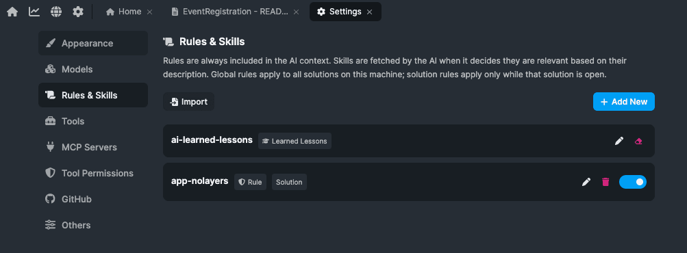 The Rules & Skills settings page in ABP Studio