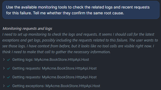 ABP AI Coding Agent checking monitoring tools together