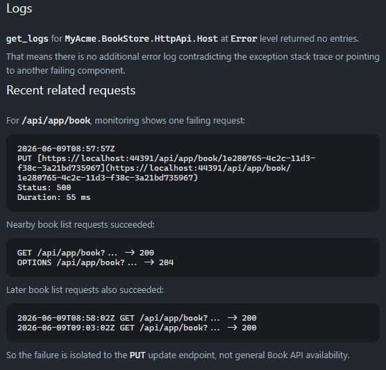 ABP AI Coding Agent reviewing exception, request, and log details