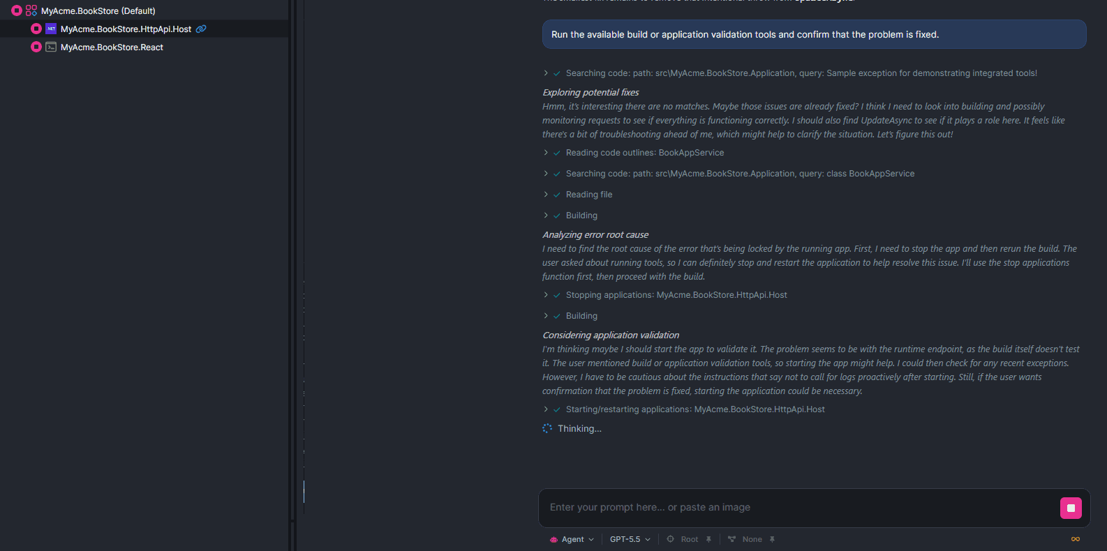 ABP AI Coding Agent validating the fix with ABP Studio tools
