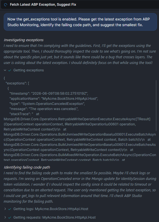 ABP AI Coding Agent using get_exceptions result