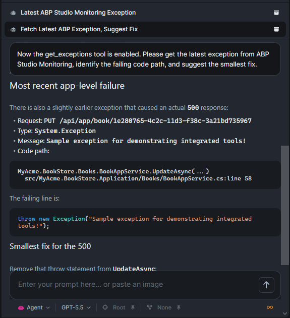 ABP AI Coding Agent correlating exception with logs