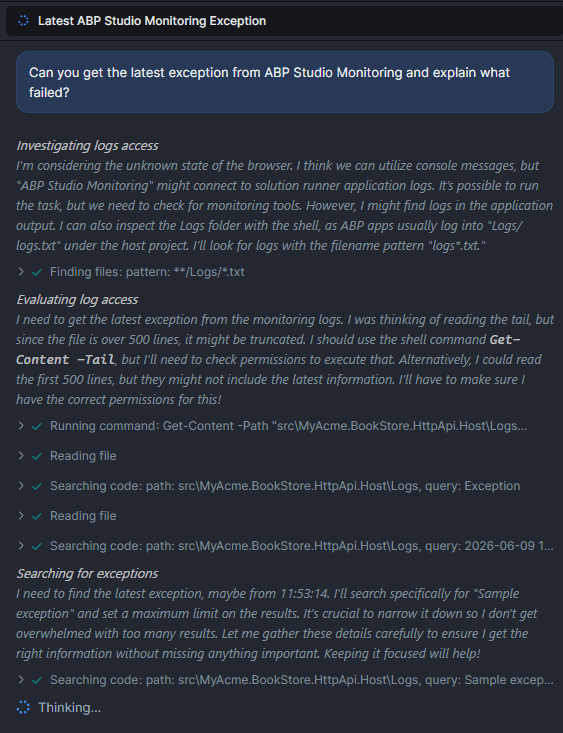 ABP AI Coding Agent result without exception tool access