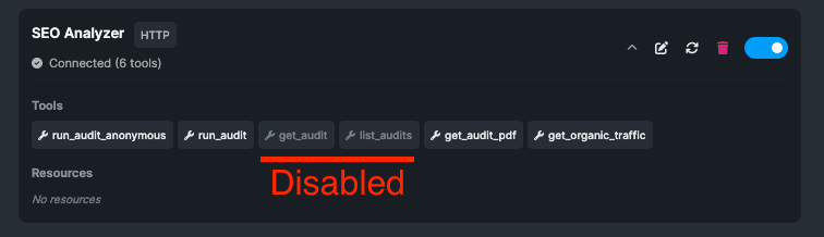 Disabling individual tools exposed by the SEO Analyzer MCP server