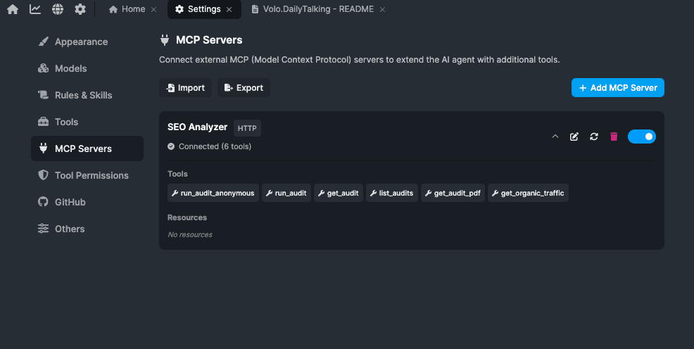 A connected SEO Analyzer MCP server and its available tools
