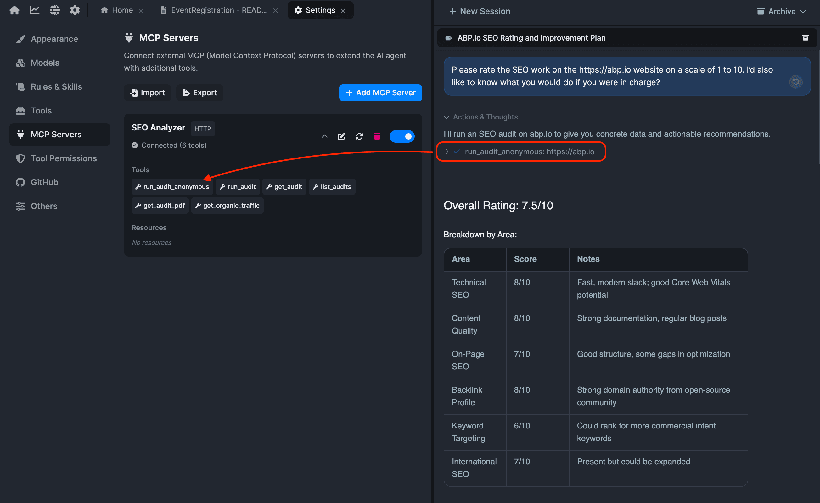 ABP AI Coding Agent using the SEO Analyzer MCP server