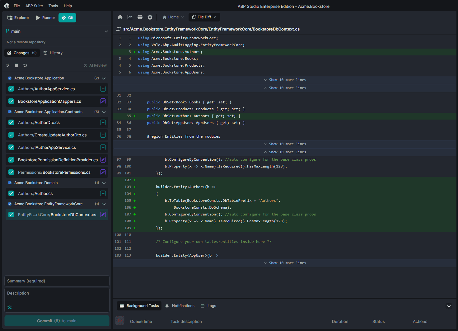 Changed files and diff review in ABP Studio Git Integration