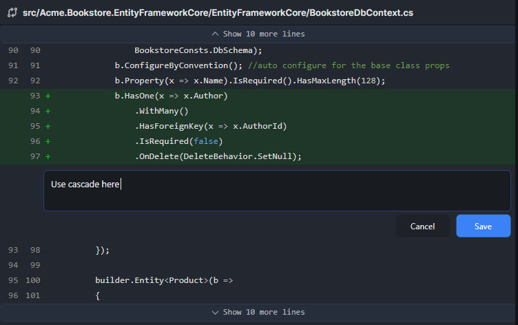 Manual comments on Git diff in ABP Studio