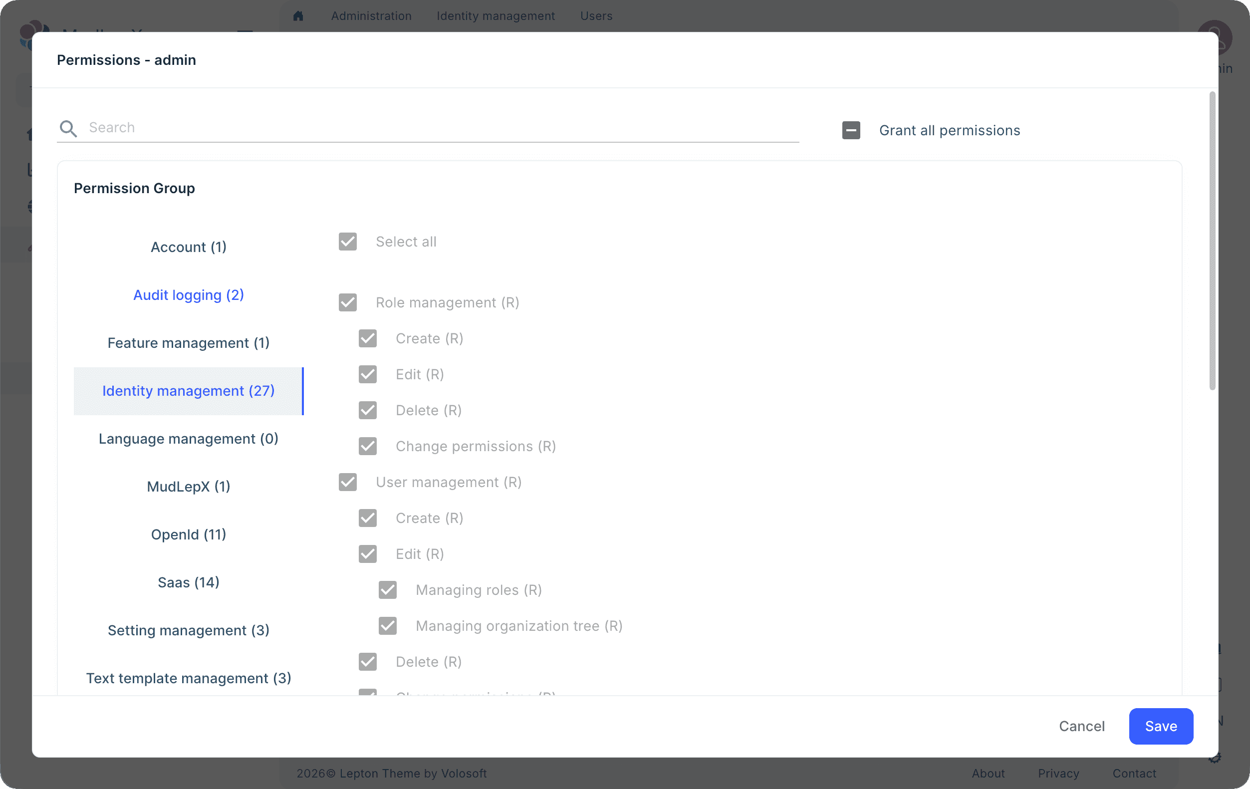 Permission management modal