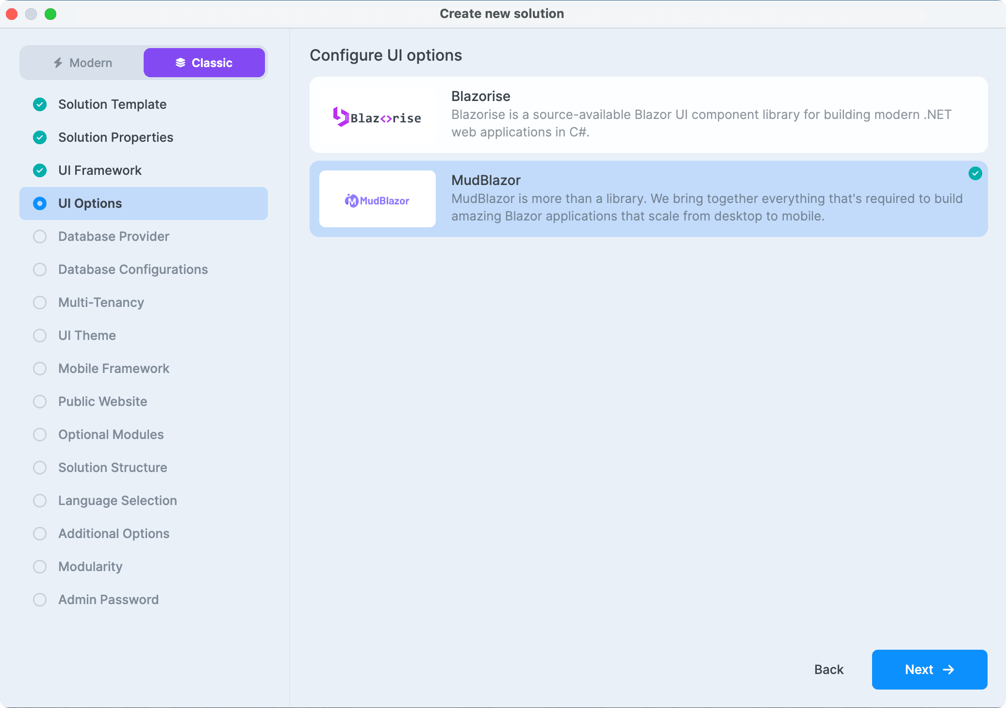 ABP Studio New Solution wizard with MudBlazor selected