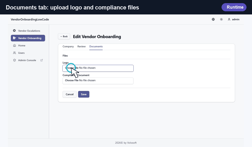 Generated upload fields, conditional review field, and grid filters in the React runtime