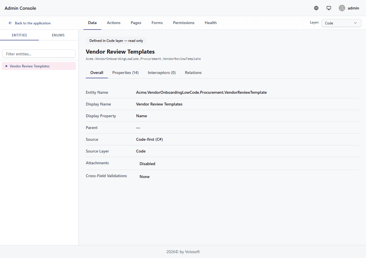 Code-defined VendorReviewTemplate shown as read-only in the Low-Code Designer