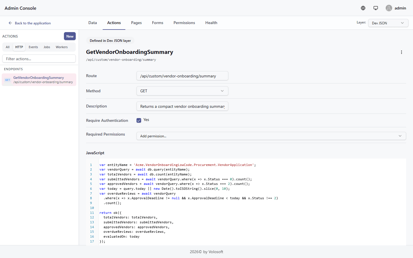 The custom HTTP action configured under Actions in the Designer