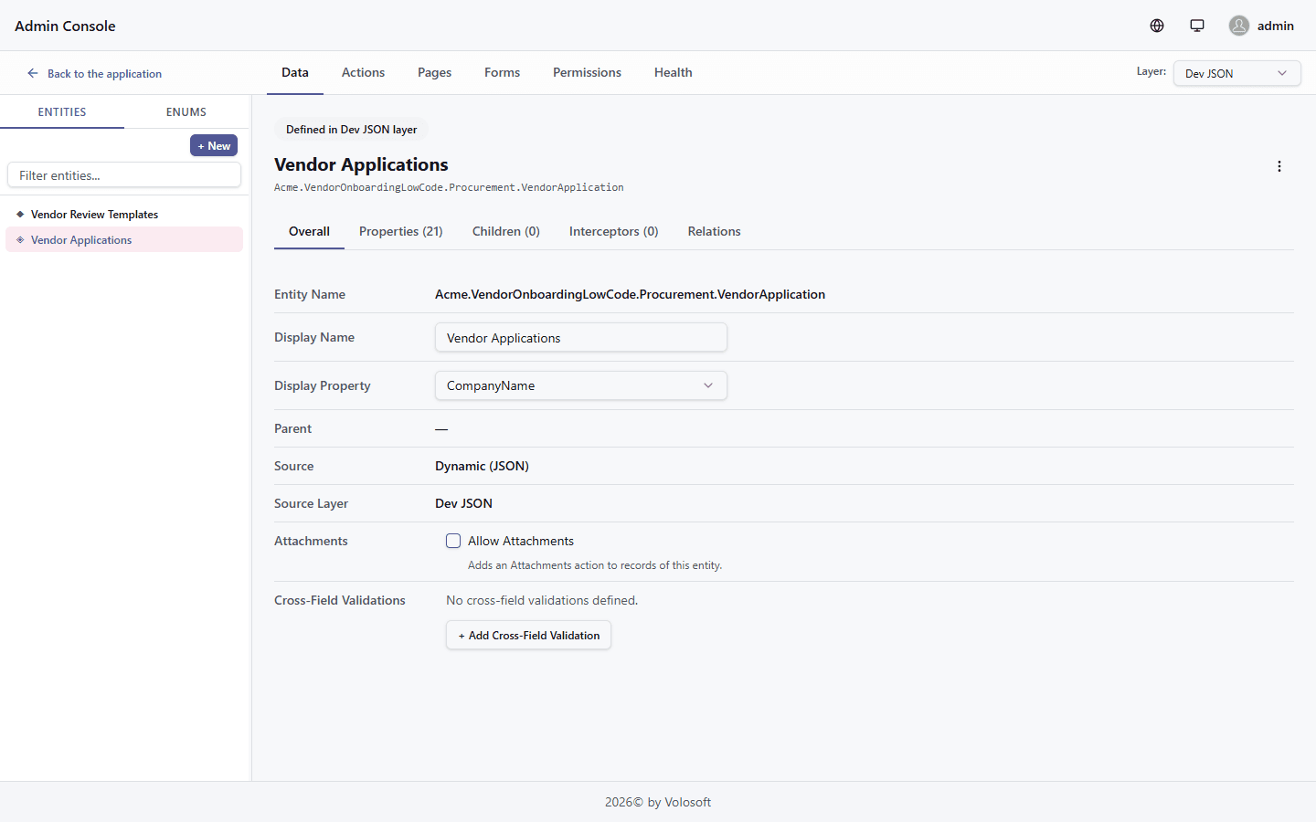 VendorApplication entity definition in the Designer