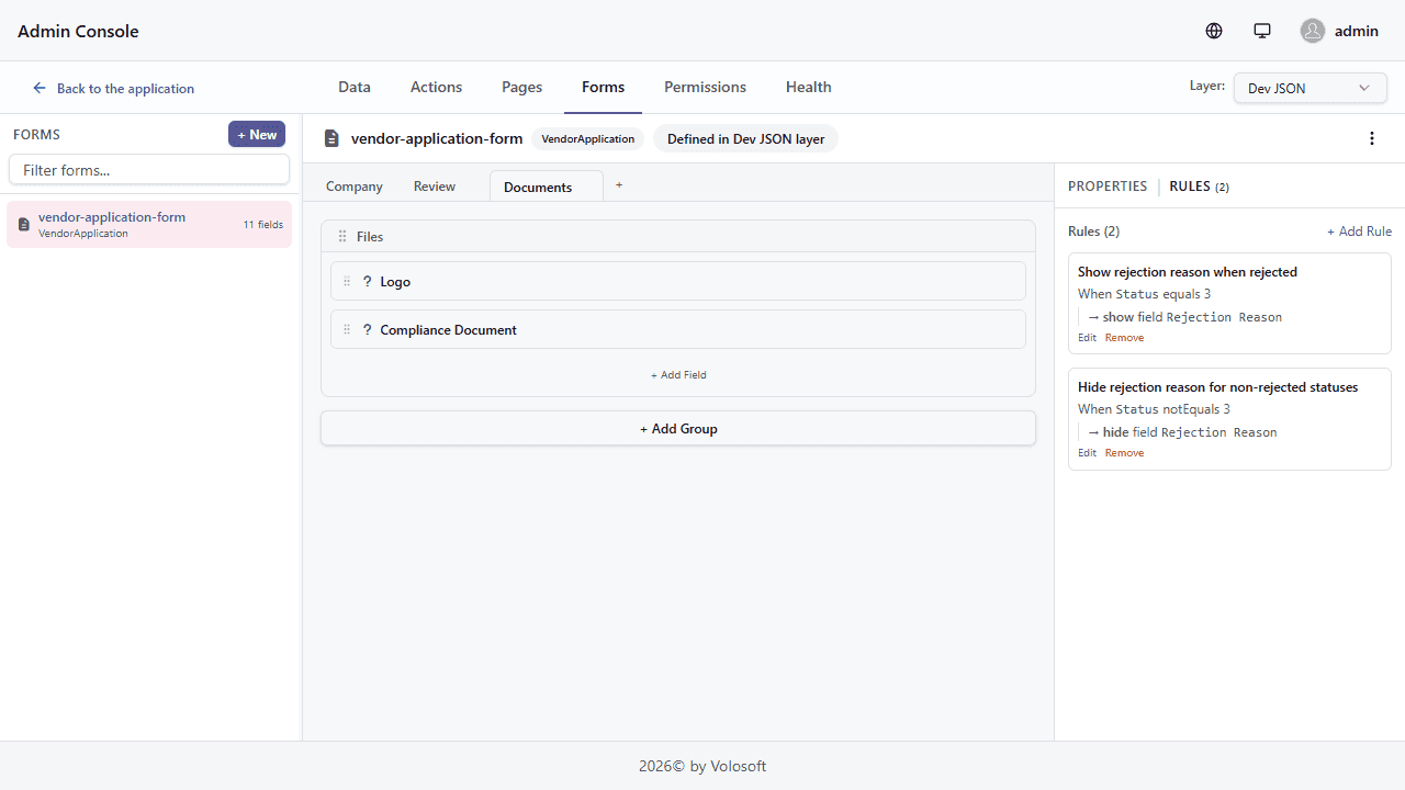The vendor-application-form with tabs and a conditional rule