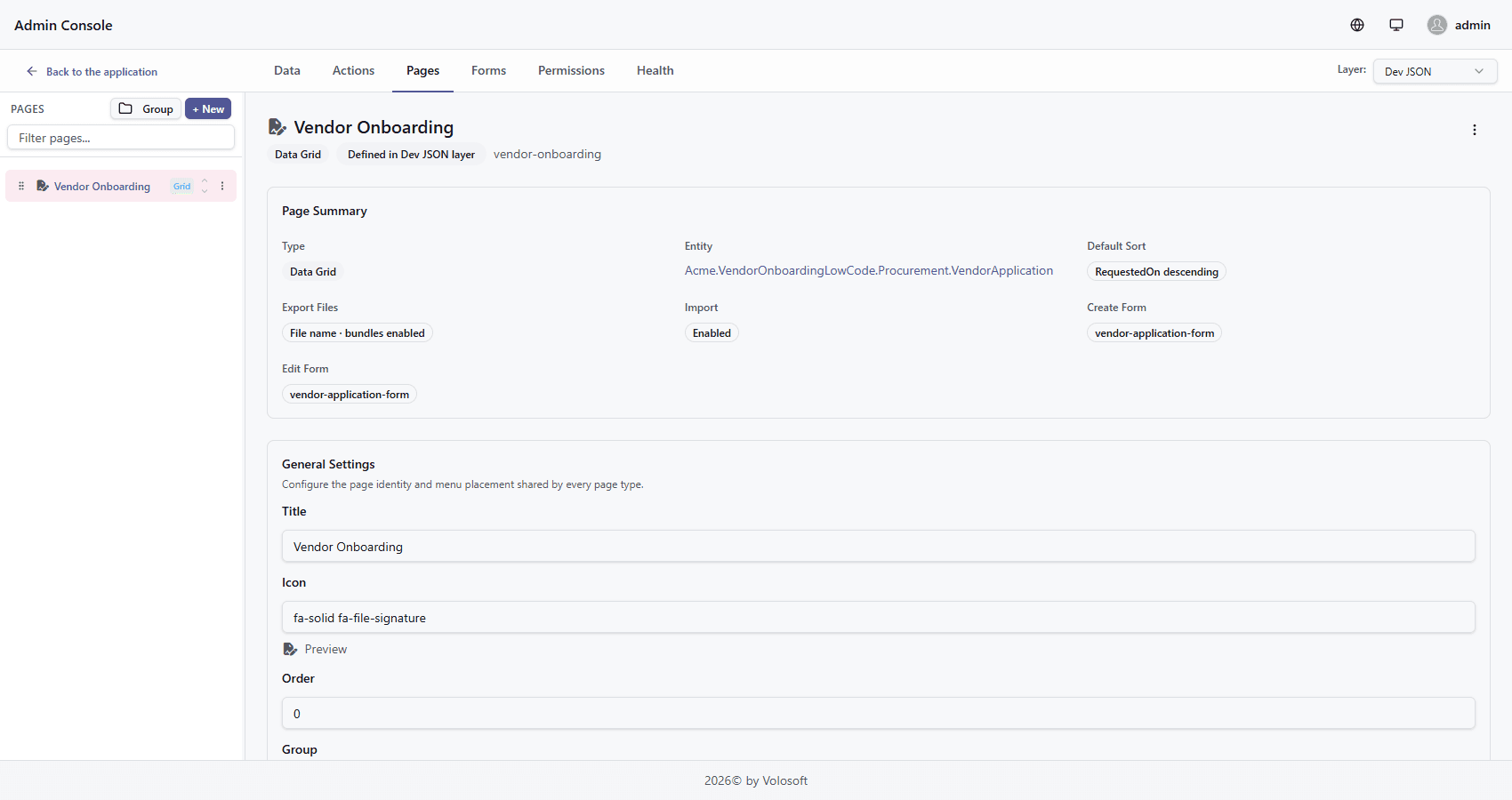 The vendor-onboarding data grid page bound to VendorApplication