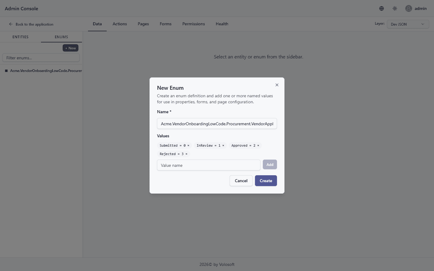The VendorApplicationStatus enum creation modal before saving