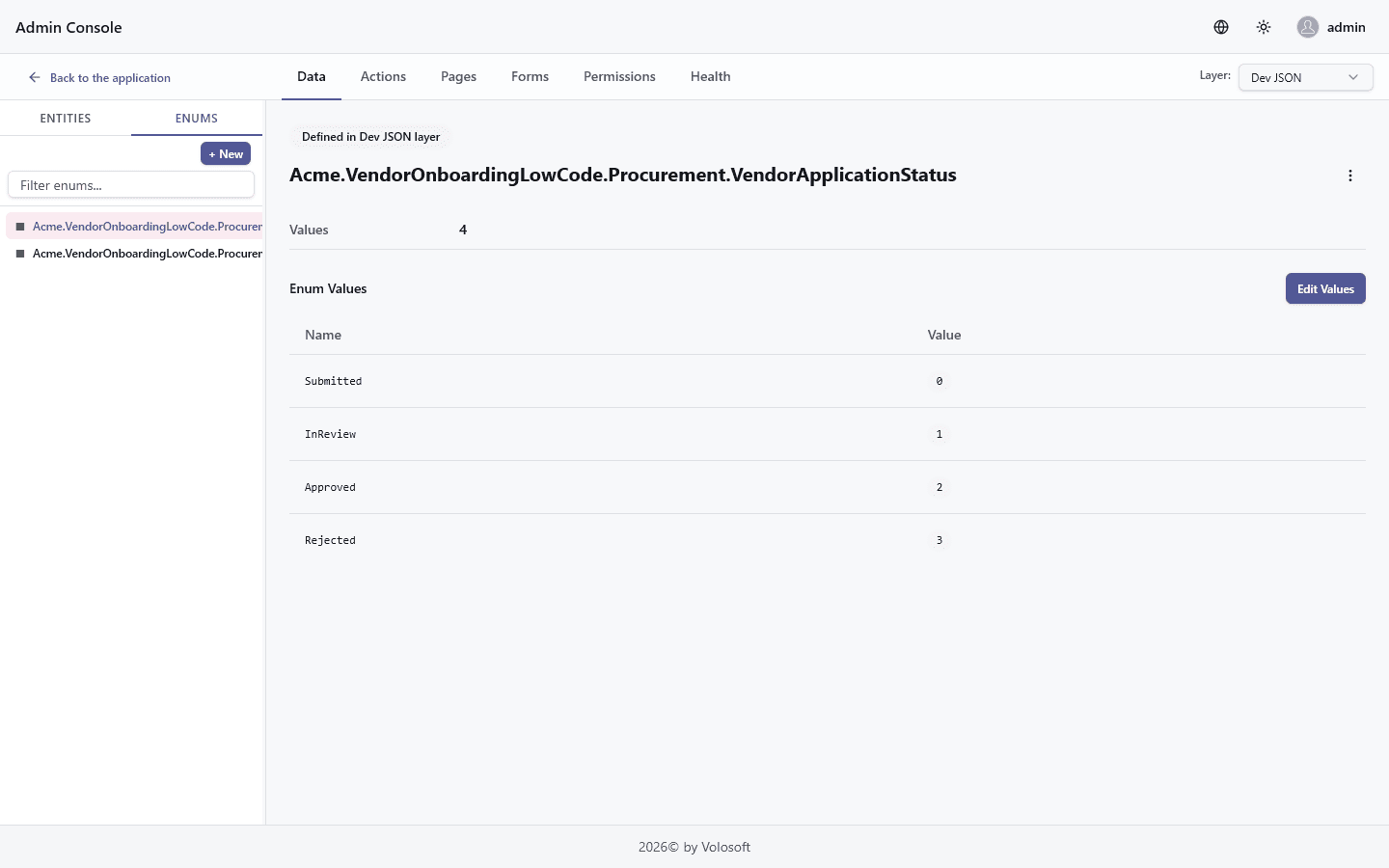 The saved VendorApplicationStatus enum values in the Designer