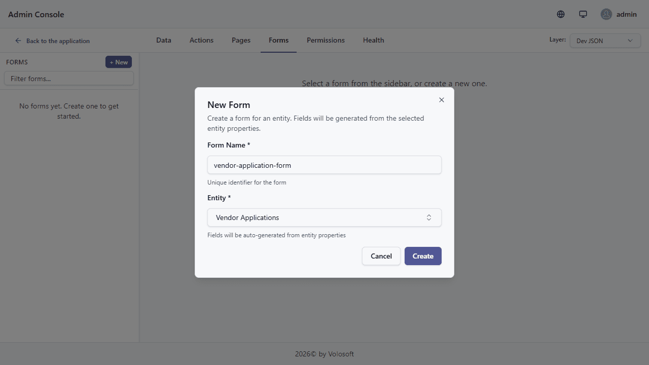 The vendor-application-form creation modal before saving