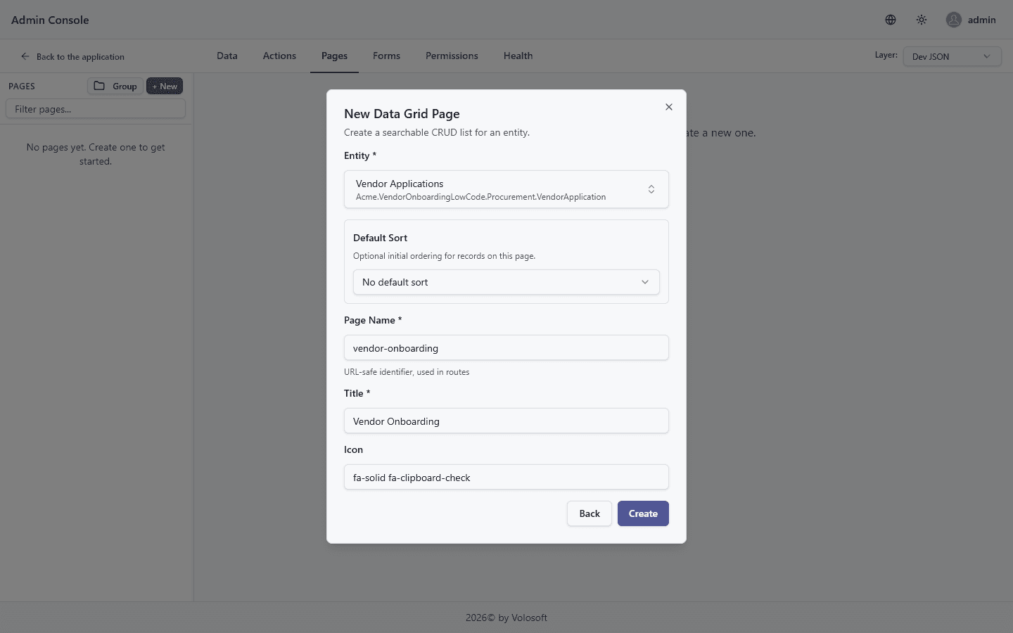 The vendor-onboarding data grid page modal before saving
