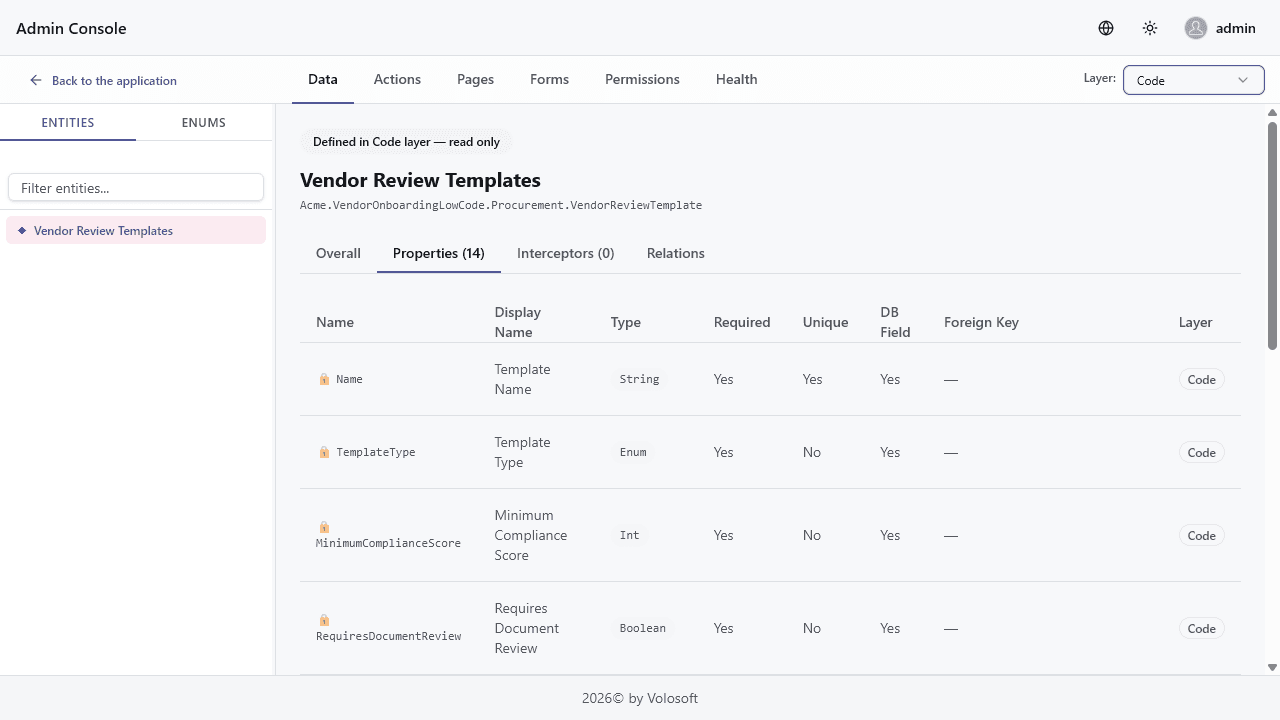 The Properties tab for the code-defined VendorReviewTemplate entity