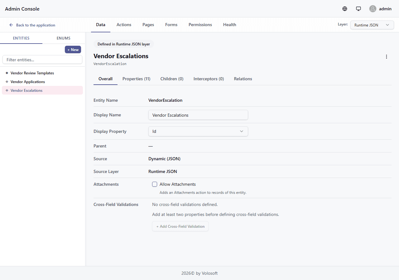 The VendorEscalation entity authored in the Runtime JSON layer
