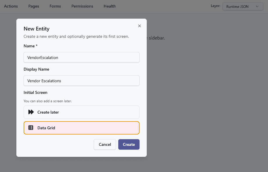 The VendorEscalation entity creation modal in the Runtime JSON layer
