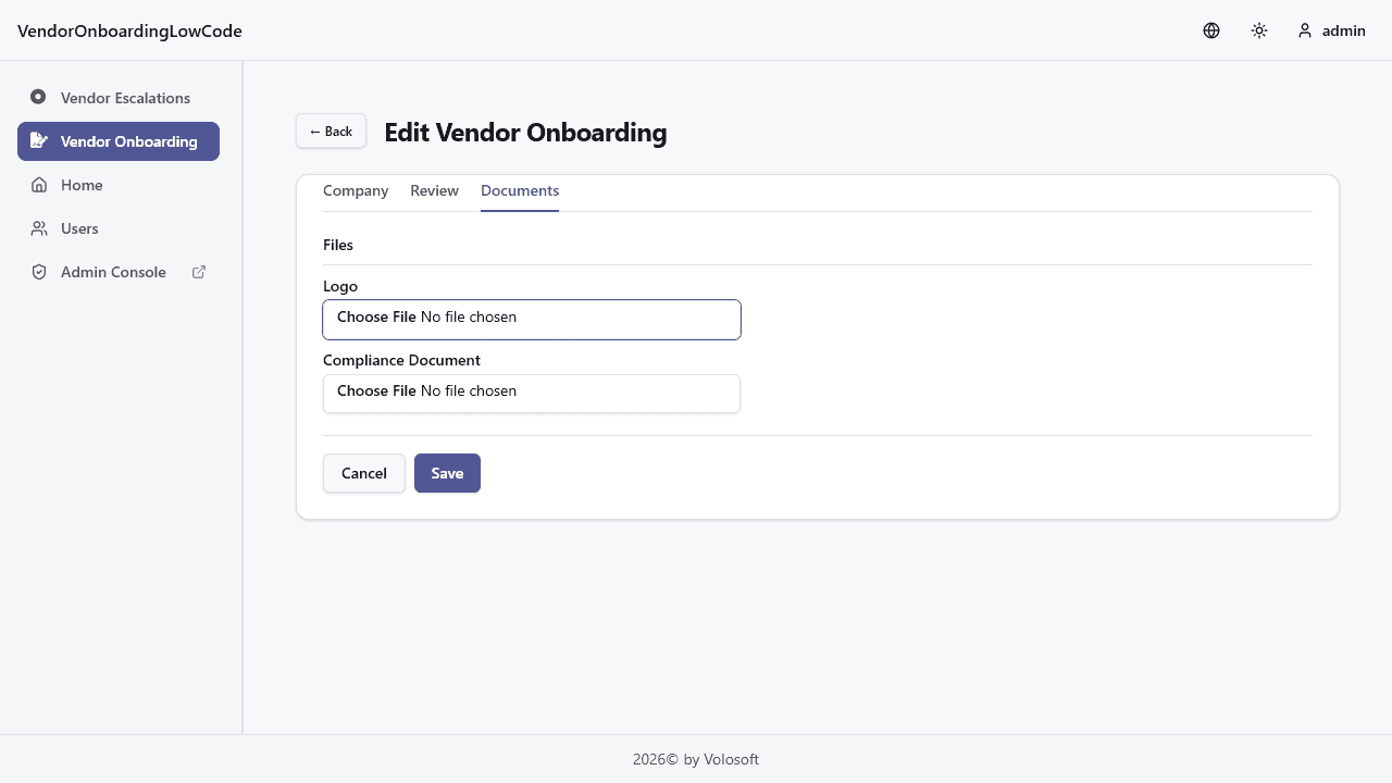 The generated Documents tab rendering image and file upload fields