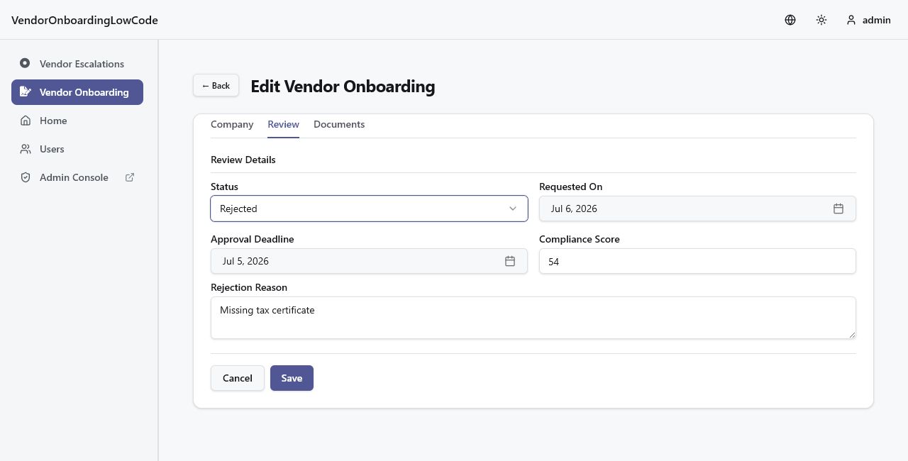 The Review tab showing the conditional RejectionReason field