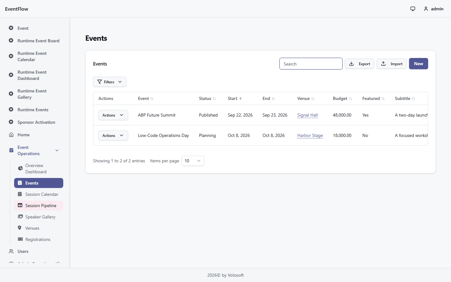 Generated event grid and generated event form