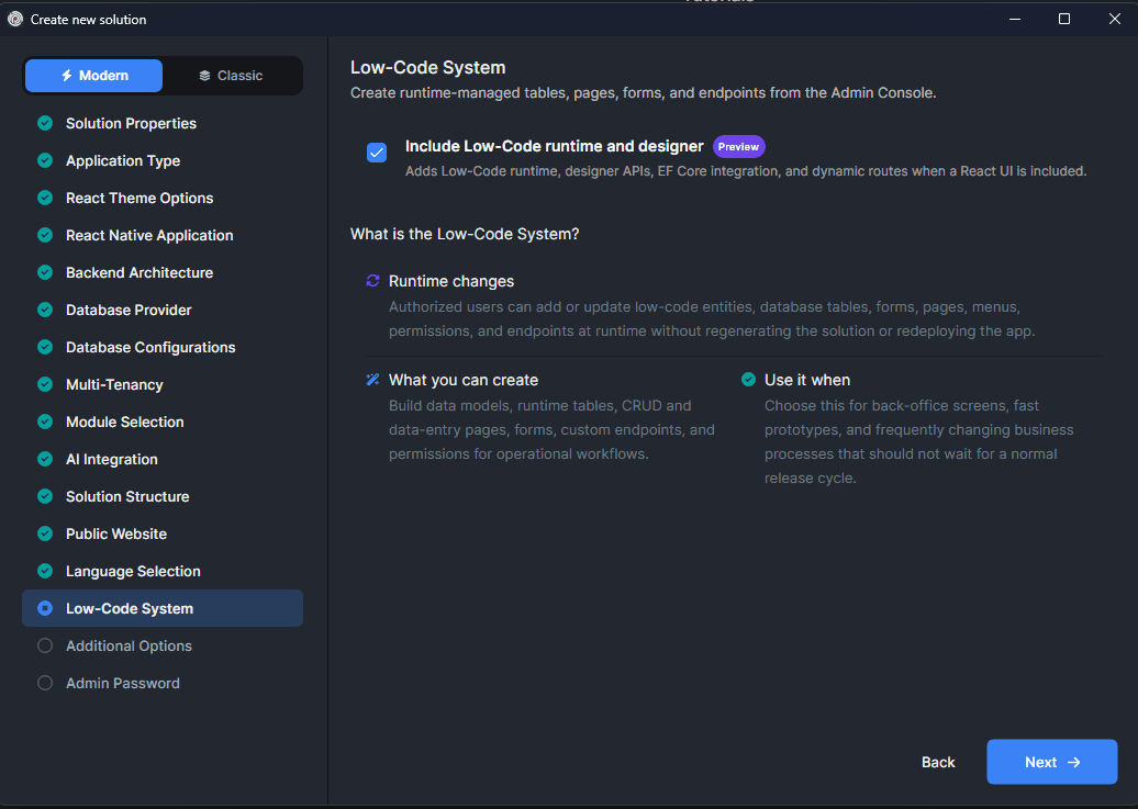 ABP Studio new solution wizard with the Low-Code runtime and designer option enabled