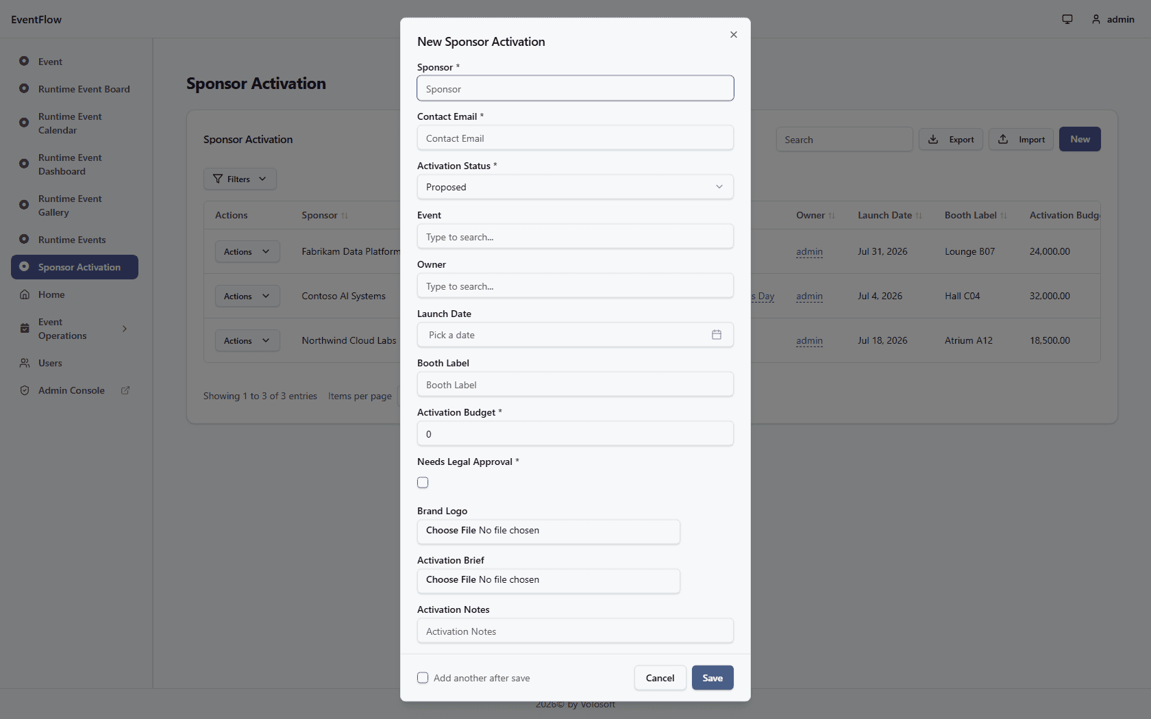 Generated SponsorActivation form showing lookups, budget, image, and file fields coming directly from the C# entity