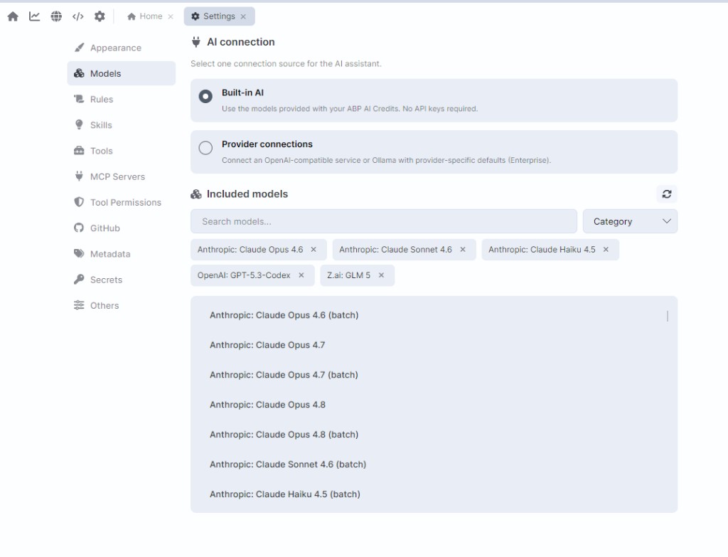 AI connection in ABP Studio Settings